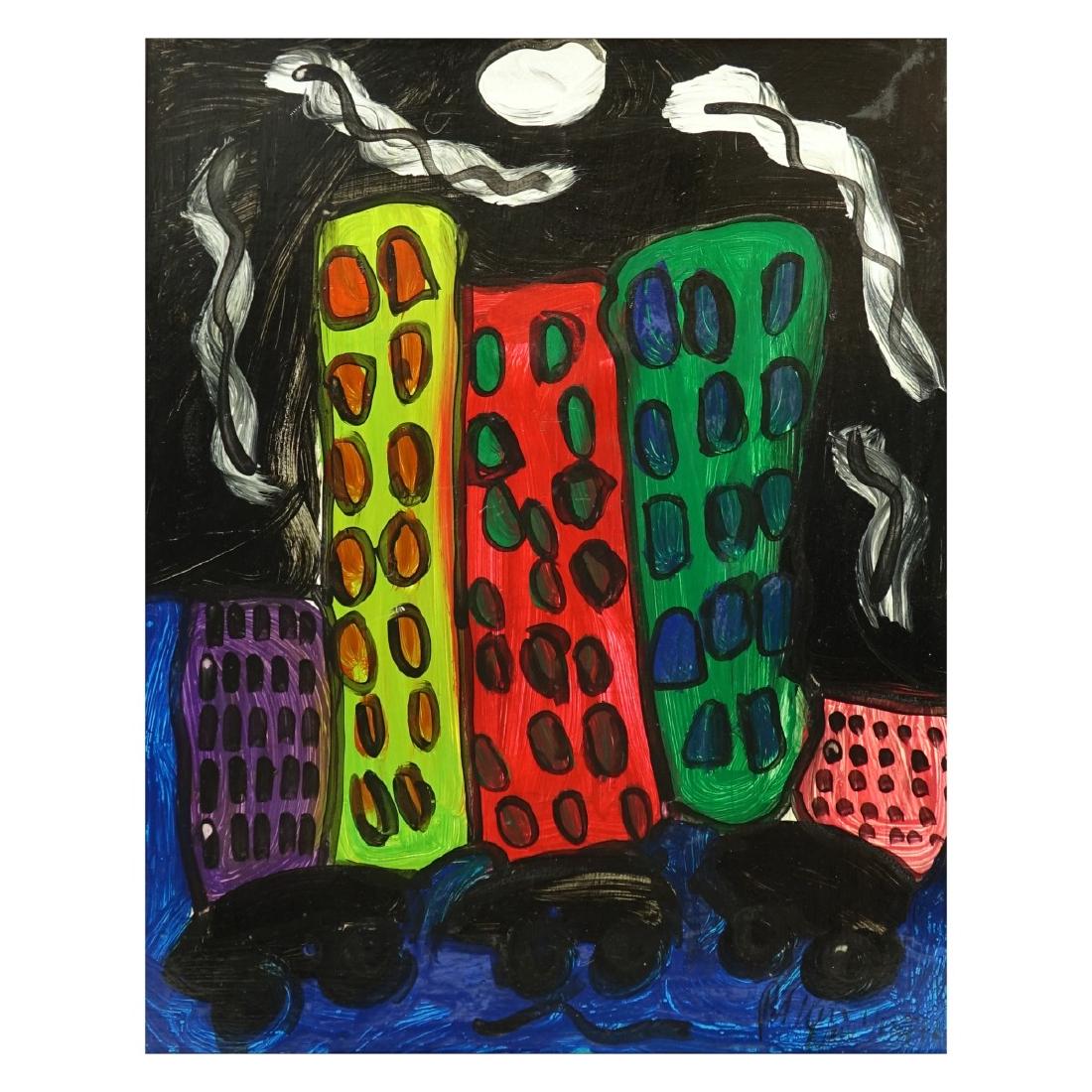 Peter Keil (1942-): Peter Keil, American/German (1942-) Oil on Board "East Side's, New York" Signed Lower Right. Inscribed and dated 1972 en verso. Measures 29-1/2 x 23-1/2" W, frame measures 34-1/2" H x 28-1/2" W. Condi