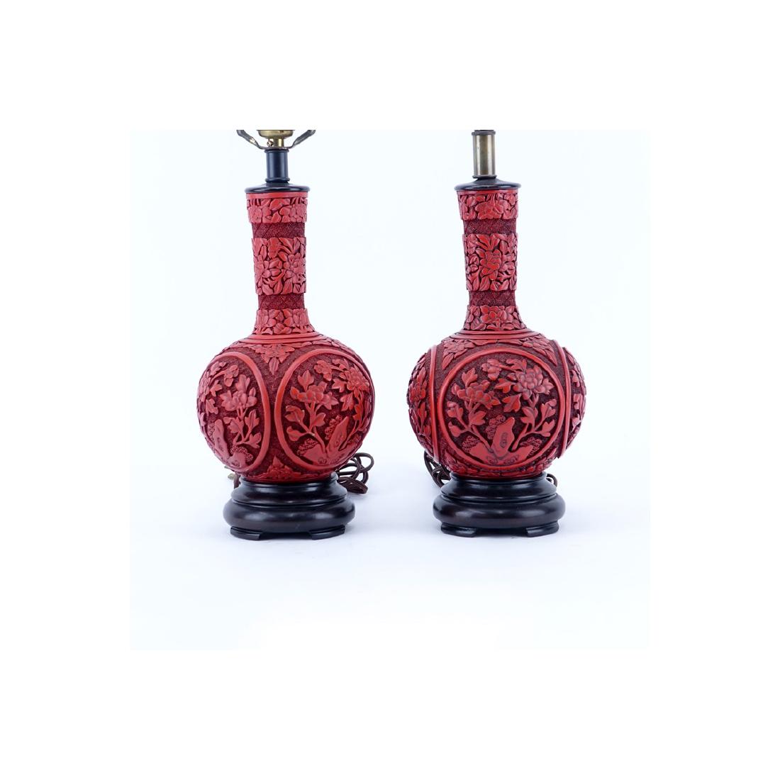 Pair of Chinese Cinnabar Style Vases Mounted as Lamps. (1 of 4)