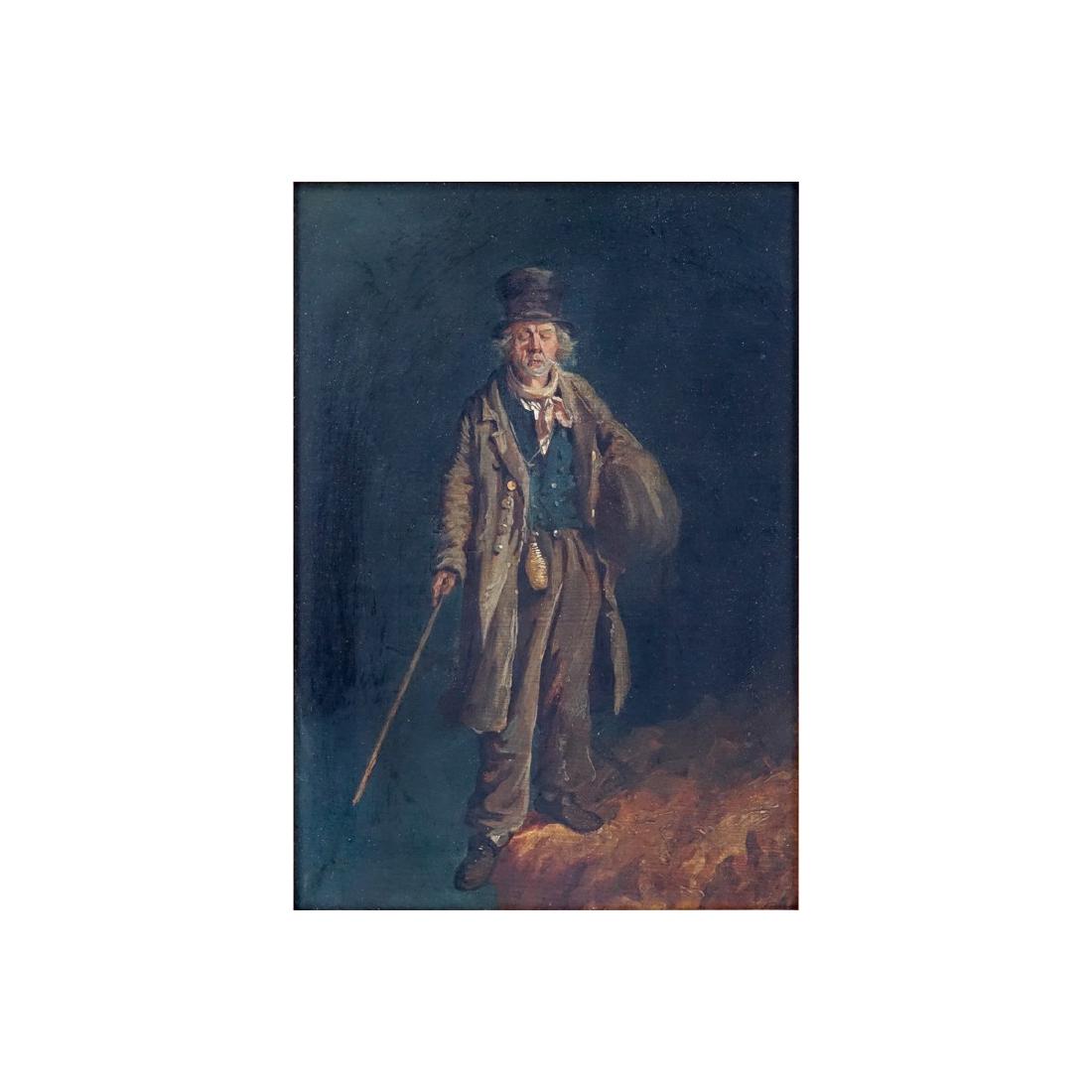 Attributed to: John Carlin, American (1813 - 1891) Oil: Attributed to: John Carlin, American (1813 - 1891) Oil on canvas "Beggar on the brink of disaster". Unsigned. Old labels verso: John Lloyd Dealer In Works Of Art, Dawson Gallery Tag. Good condition. M