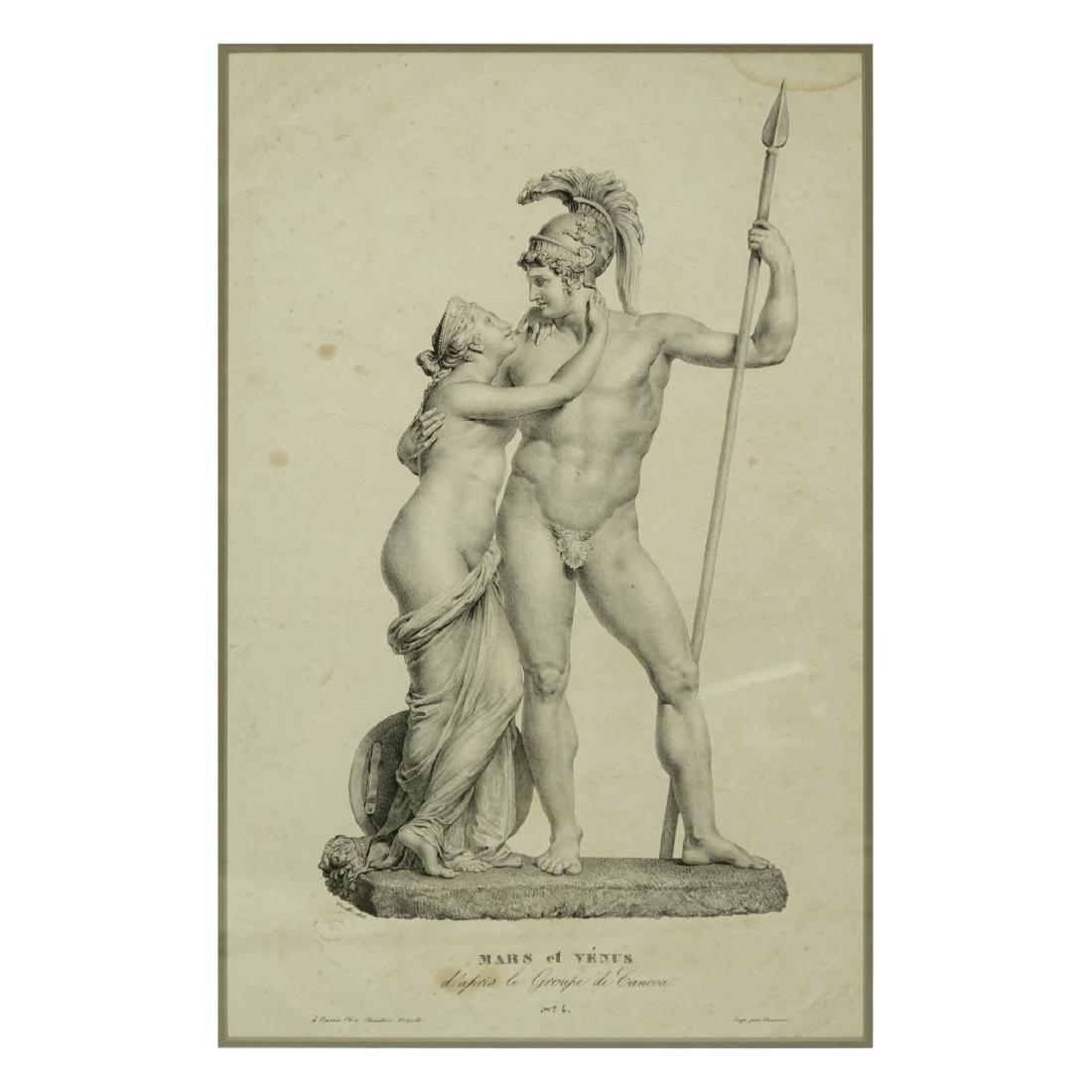 Antique Print: Antique Classical Print "Mars and Venus". Signed in plate. Nicely framed. Print measures 16-3/4" x 10" (sight), frame measures 23" x 16-5/8". Condition: Toning, stains, foxing. Estimate: $100.00 - $20