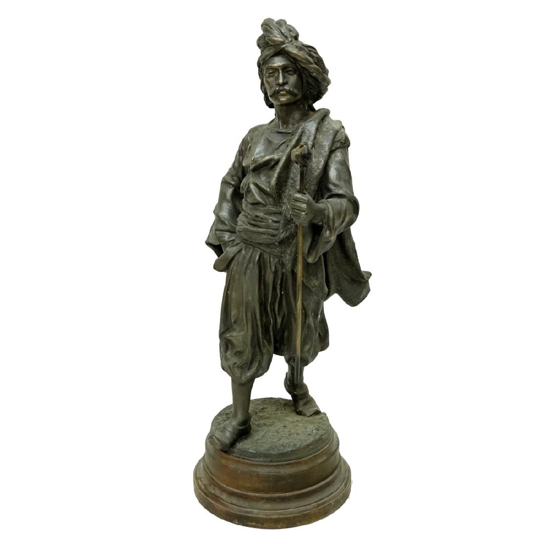 After: Charles Perron French Metal Sculpture: After: Charles Perron French (1862-1934) French Metal Sculpture "Cavalier". Signed. Measures 28" H. Condition: Wear, rubbing. Was a lamp at one time. Estimate: $100.00 - $200.00 Domestic Shipping: Thi