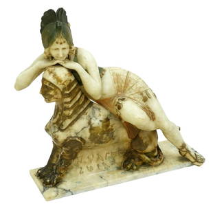 Dante Zoi Sculpture: Dante Zoi, Italian (19th-20th C) Art Deco Stained Alabaster Sculpture "Odalisque". Signed on base D. Zoi, Firenze. Measures 20" H x 20-1/2" L x 7" W. Condition: Hairline restoration on foot, old break