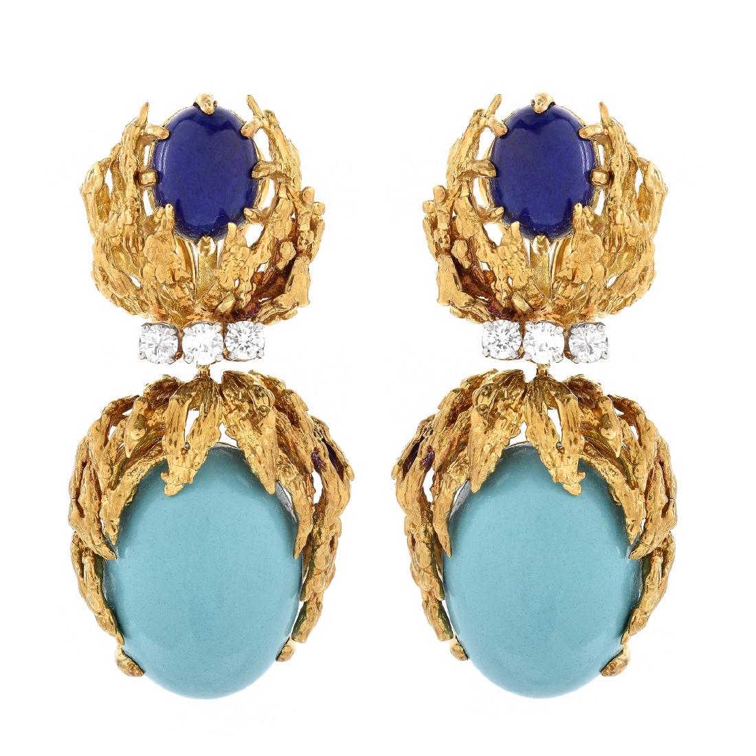 Vintage Turquoise, Lapis, Diamond, 18K Earrings (1 of 5)
