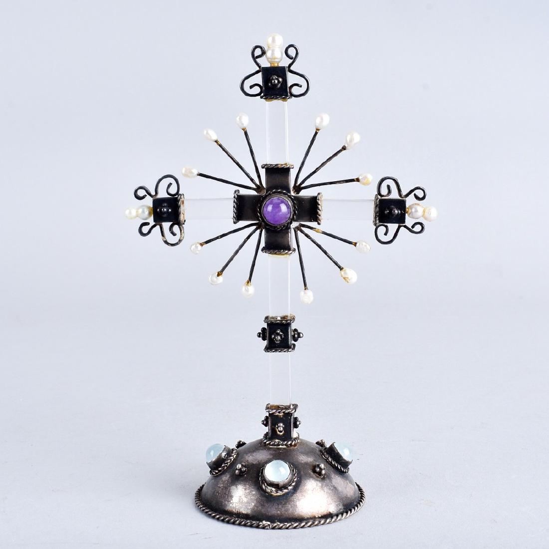 Silver and Gemstone Cross: Early 20th Century Possibly Viennese Silver and Crystal Cross set with Cabochon Moonstones and Amethysts and Small Baroque Pearls. Unsigned. Measures 4-1/2" H, 2-7/8" W. Condition: Very good condition