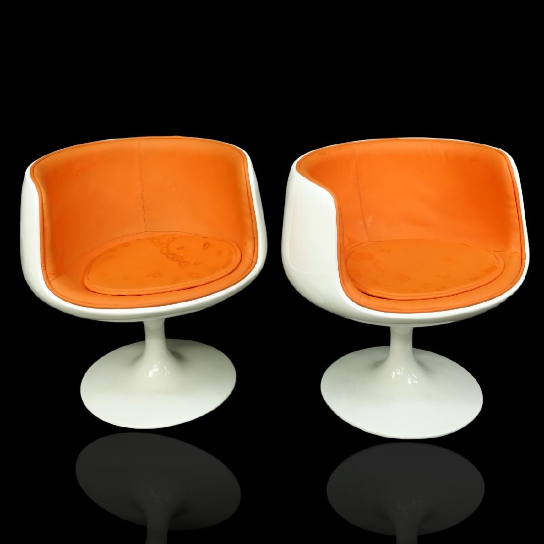 Pair Half Egg Cup Chairs: Pair Mid Century Knoll Style Fiberglass Half Egg Cup Chairs. Unsigned. Measures 27" H x 24" W x 25" D. Condition: Light crazing on one, one with scuff. Light stains on upholstery. Estimate: $500.00 -