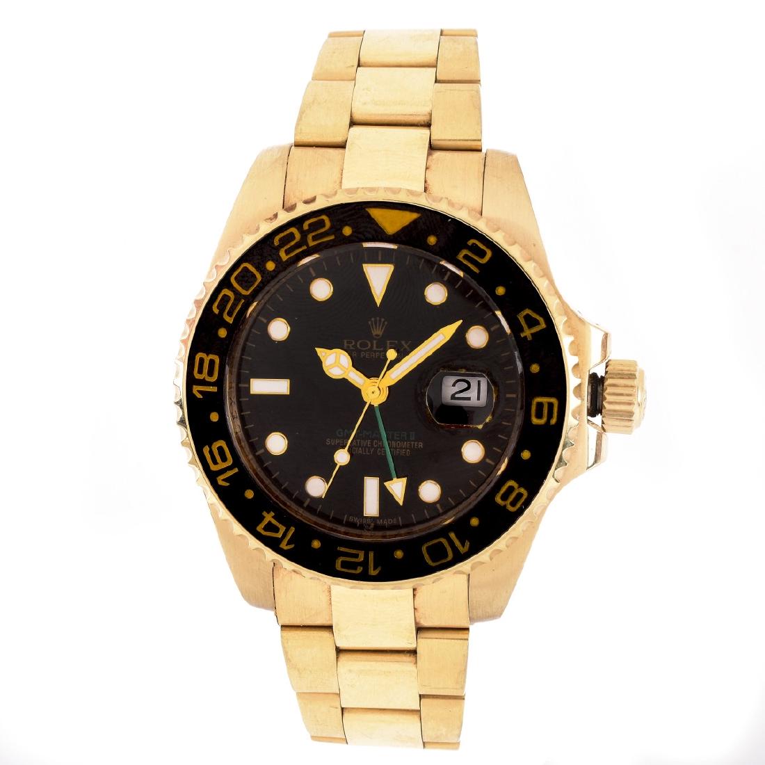 Rolex Replica Watch: Rolex GMT Master 43mm Replica Watch with Automatic Movement. Gold tone case and bracelet. Condition: Running. Surface wear and scratches consistent with normal use. Please note the gallery does not wa