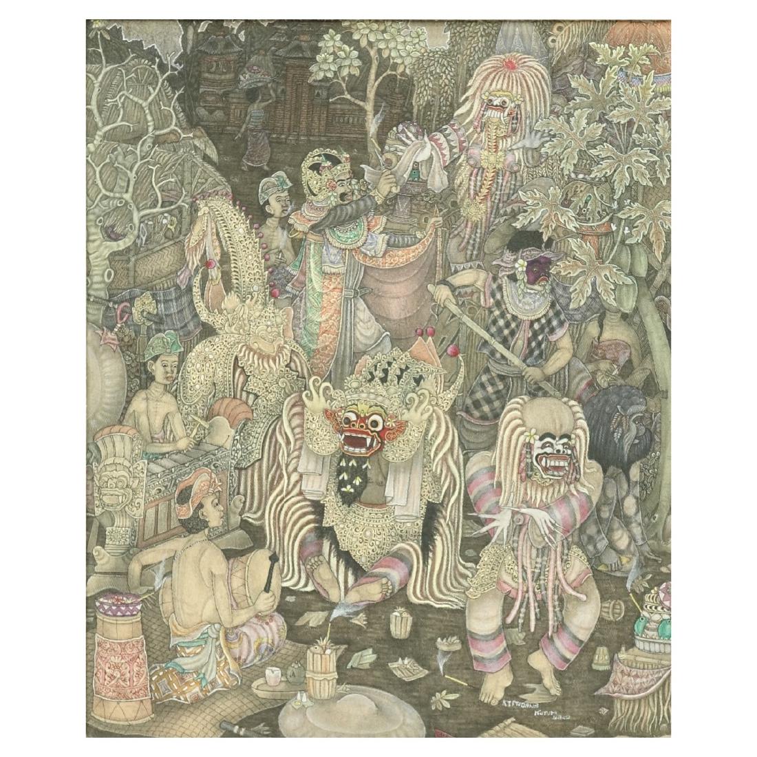 Balinese Painting On Fabric: Balinese Painting On Fabric. Signed. Measures 15" x 12-3/4", frame measures 17-5/8" x 15-3/4". Estimate: $50.00 - $100.00 Domestic Shipping: $95.00