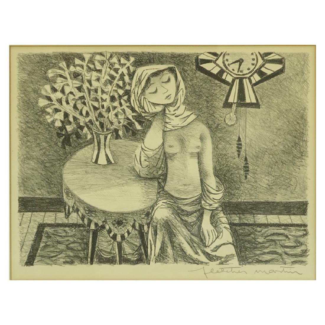 Fletcher Martin Litho: Fletcher Martin, American (1904 - 1979) Original Lithograph "Twenty to Seven" Pencil Signed Lower Right. Associated American Artists label attached en verso. Measures 10-1/2" H x 14" W, frame measures