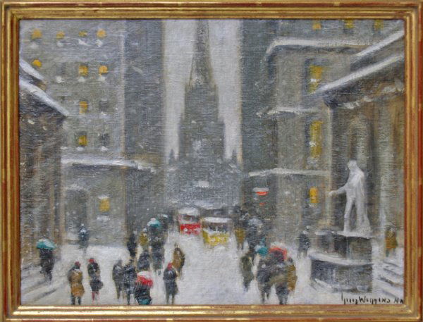 Guy Carleton Wiggins American-New York (1883-1962): Guy Carleton Wiggins American-New York (1883-1962) Oil on Board "Silvery Symphony, Old Trinity" Dated 1957. Signed Lower Right and Signed Again en Verso. Very Good Condition. Conservation Information