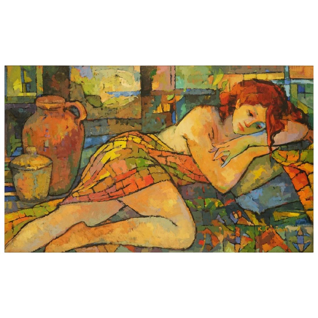Kamal Givian Oil on Canvas: Kamal Givian, Iranian (b. 1960) Oil on Canvas, Reclining Beauty, Inscribed and dated 7/9/04 En Verso. Measures 30" H x 50" W, frame measures 38-1/2" H x 58" W. Condition: Good condition Estimate: $200
