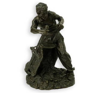 Jules Grosjean Bronze Sculpture: Jules Aime Grosjean (Jul. Grosjean) (French, 1906) Bronze Sculpture, Miner with Wheelbarrow, Signed on Obverse Side. Measures 17-1/2" H x 11-1/2" W. Weighs approx. 50 pounds. Condition: Rubbing to sur
