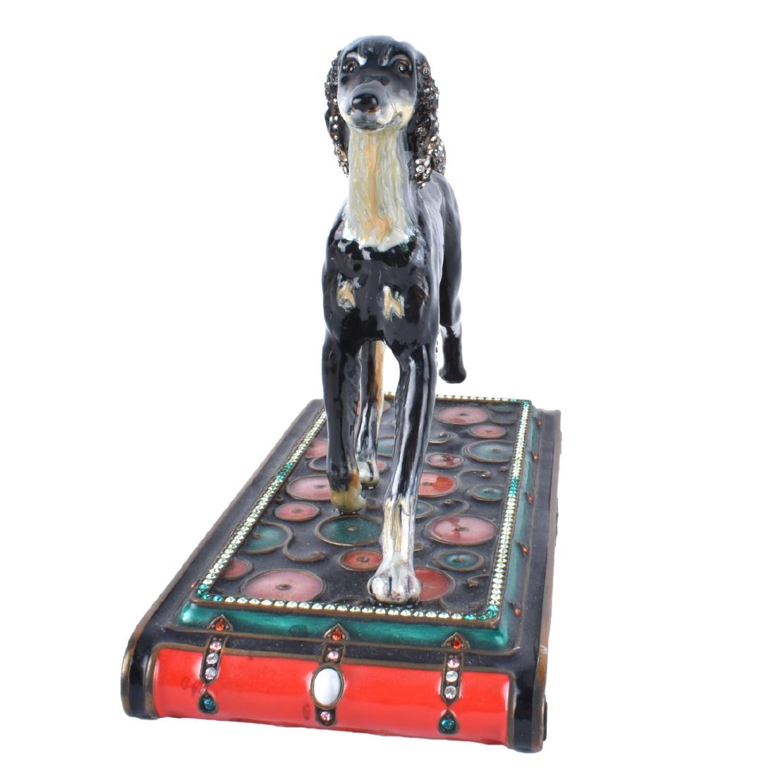 Jay Strongwater Saluki Dog Sculpture: Jay Strongwater Enameled Bronze, Swarovski Crystal, and Gemstone Inlaid Saluki Dog Sculpture. Signed and numbered 130/475 on the bottom side. Measures 6-3/8" H x 8-1/8" W x 3-7/8" D. Condition: Typica