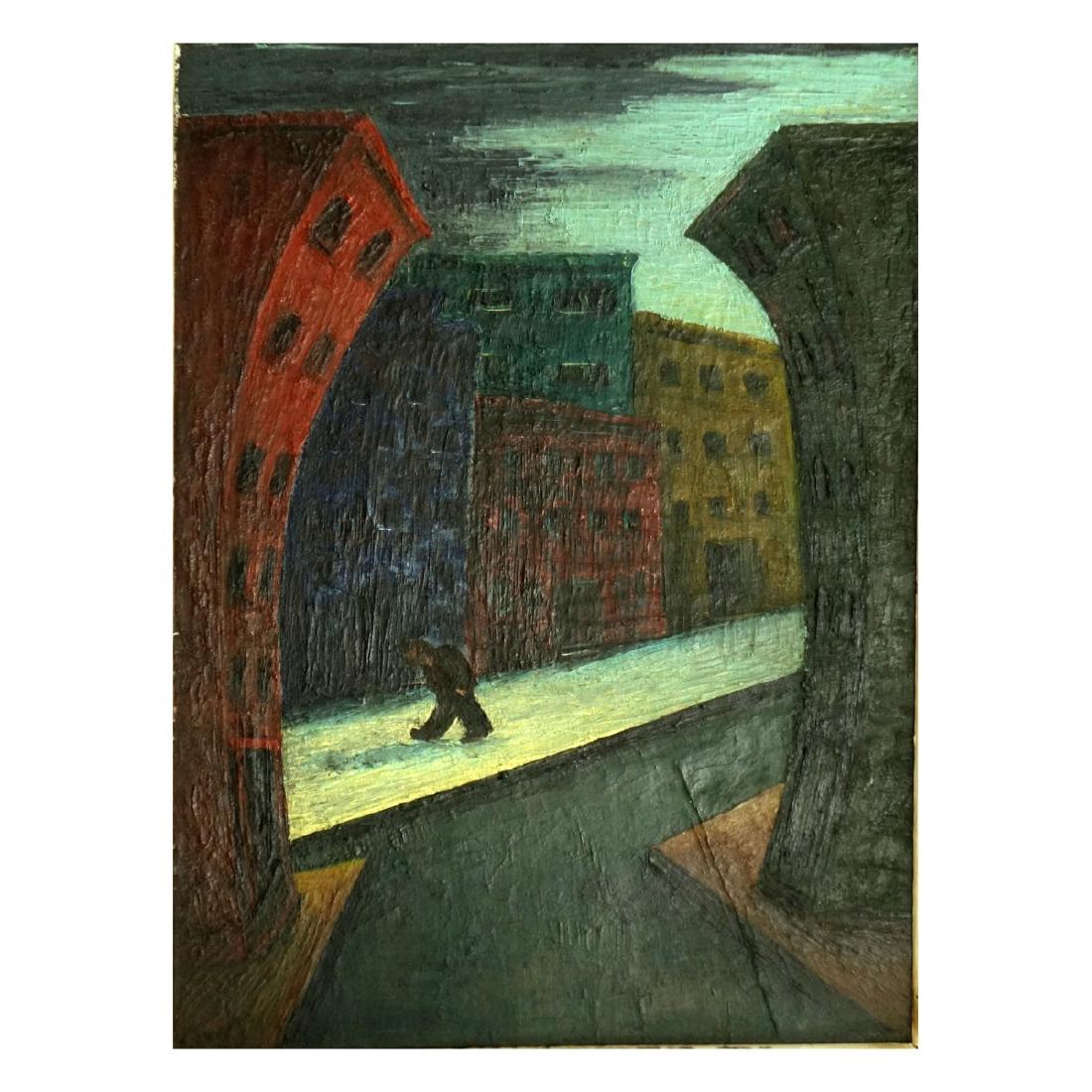 Charlotte Howard (1919-1998) O/C: Charlotte Howard, American (1919-1998) Oil on canvasboard "Modernist City Street". Signed and dated 1945 lower left. Measures 16" x 12", frame measures 25-1/12" x 21". Condition: Good condition. Estim