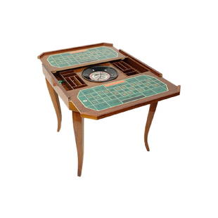 Italian Game Table: Vintage Italian Inlaid Wood Game Table. Includes: reversible table top (decorative top/checkers/chess), sliding Baccarat panels to reveal roulette and storage for playing pieces (not included). Unsign