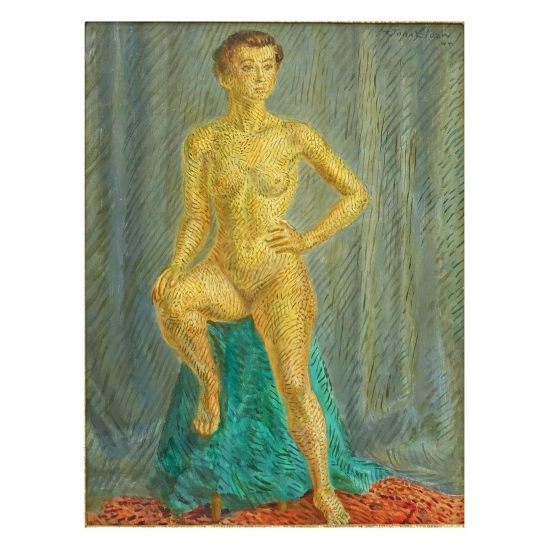 John French Sloan Nude Oil on Masonite: John French Sloan, American (1871-1951) Oil on masonite "Nude, Green Drape, High Stool" . Signed and dated '44 upper right, inscribed, gallery labels verso. Measures 16" x 12", frame measures 22-1/4" 