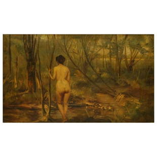 Thomas Alexander Harrison (1853 - 1930) Oil/Canvas: Thomas Alexander Harrison, American (1853 - 1930) Oil on Canvas "Golden Nymph" Signed A. Harrison Lower Right. Tag attached to frame, old "P. Navez" exhibition label en verso of the frame, Toiles & Co