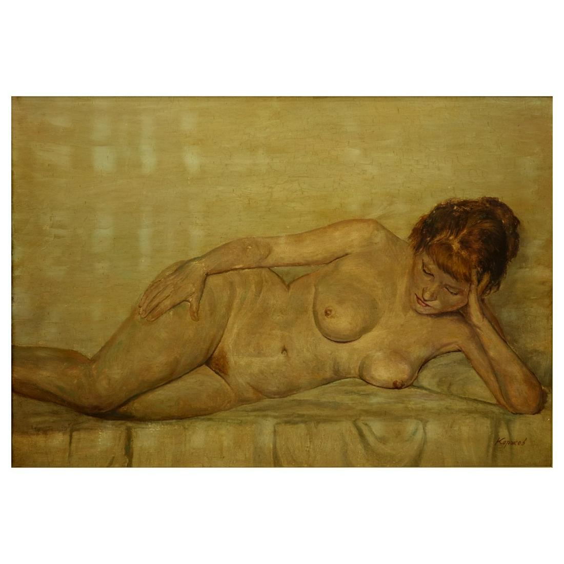 Attrib: Geli Korzhev, Russian (1925-2012) O/C: Attrib: Geli Korzhev, Russian (1925-2012) Oil on canvas "Reclining Nude". Signed lower right. Measures 24" x 36", frame measures 28" x 40". Condition: Craquelure. Estimate: $1000.00 - $2000.00 Domesti