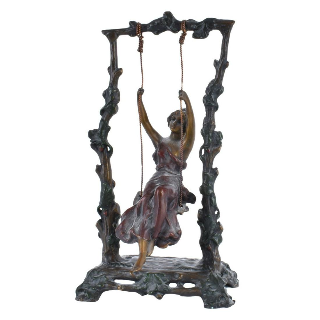 After: Auguste Moreau Bronze: After: Auguste Moreau, French (1834-1917) Bronze "Girl On Swing". Signed Moreau. Measures 10-1/2" x 5-3/4". Condition: Good condition. Estimate: $100.00 - $200.00 Domestic Shipping: $64.00