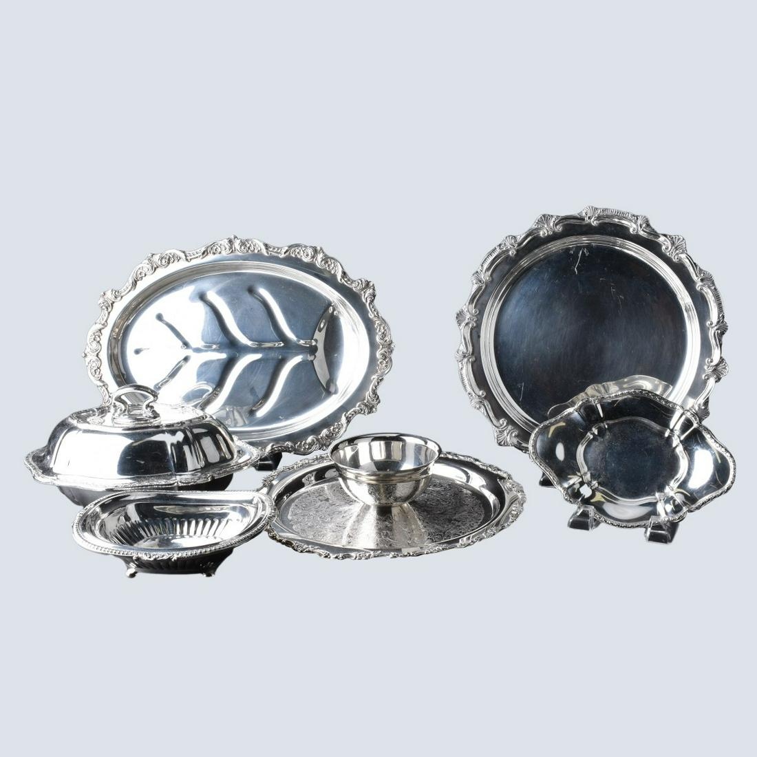 Premium Silver Plate Holloware Lot: Six (6) Pieces Silver Plate Holloware. Includes: meat tray, round tray, dip dish, covered vegetable, small footed bowl, small bread tray. Various makers: Reed & Barton, Gorham, Poole etc. Meat tray me