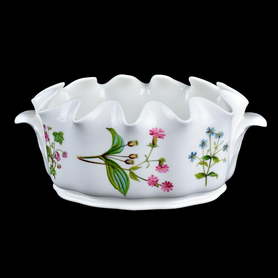 Minton Bone China Monteith: Minot "Meadow" Pattern Bone China Monteith/Centerpiece Bowl. Signed. Measures 5" H x 12" L x 7-3/4". Condition: Good condition. Estimate: $25.00 - $50.00 Domestic Shipping: $85.00