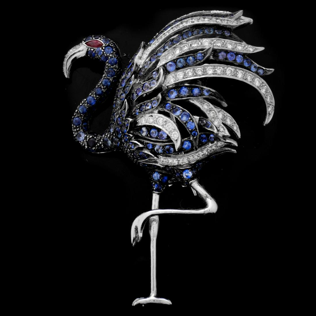Sapphire, Diamond and 18K Flamingo Brooch (1 of 4)