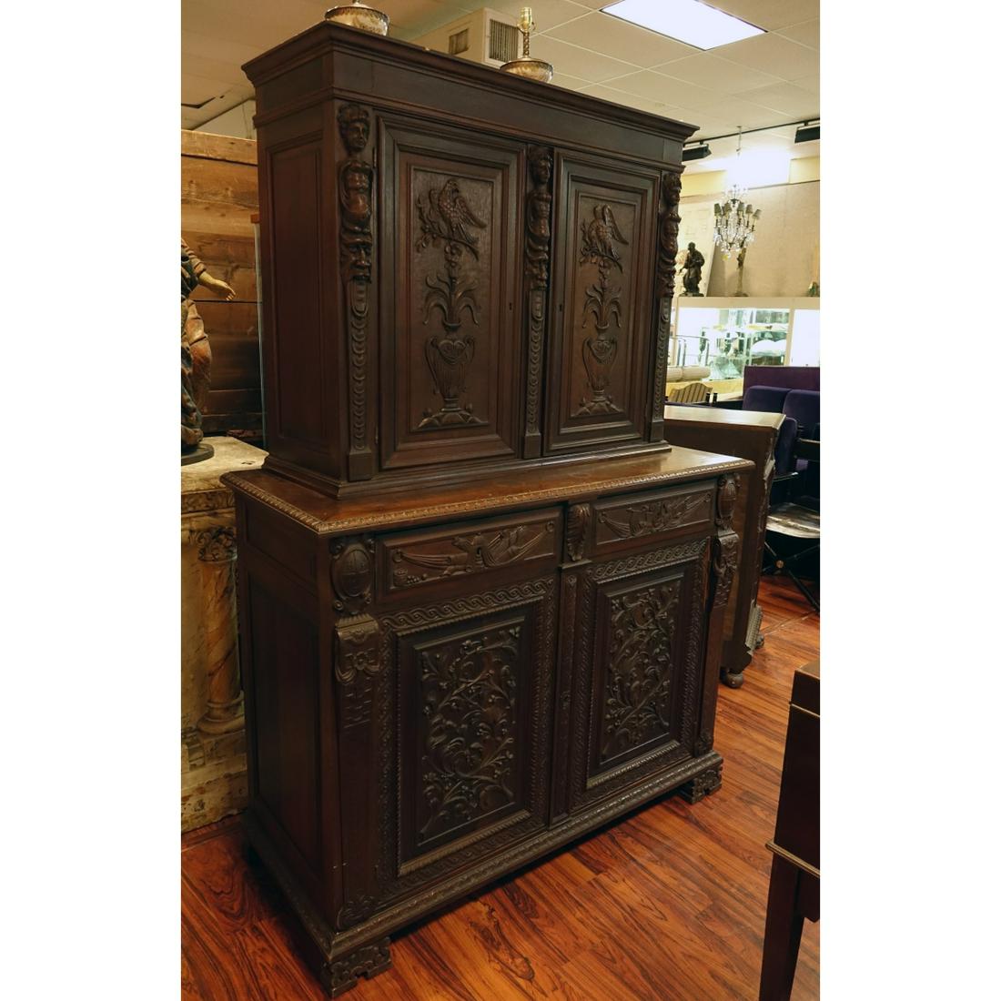 19th C. Renaissance Carved Walnut Two-Part Cabinet (1 of 8)