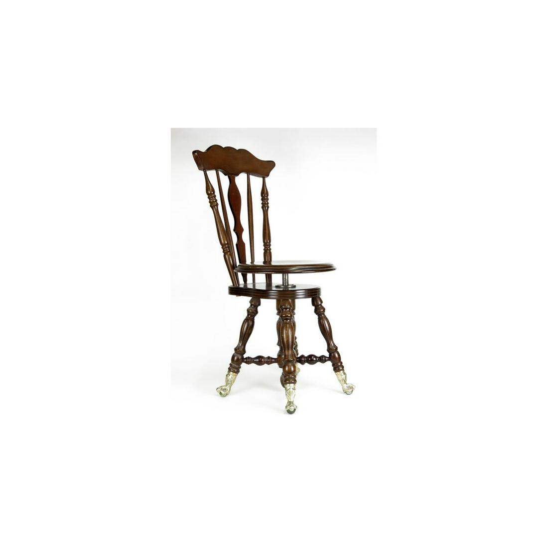 20th Century Victorian style Piano Chair with Revolving: 20th Century Victorian style Piano Chair with Revolving Seat and Brass and Glass Feet. Unsigned. Minor Surface Scratches to Seat Otherwise Good Condition. Measures 36 Inches Tall and 16 inches Wide at