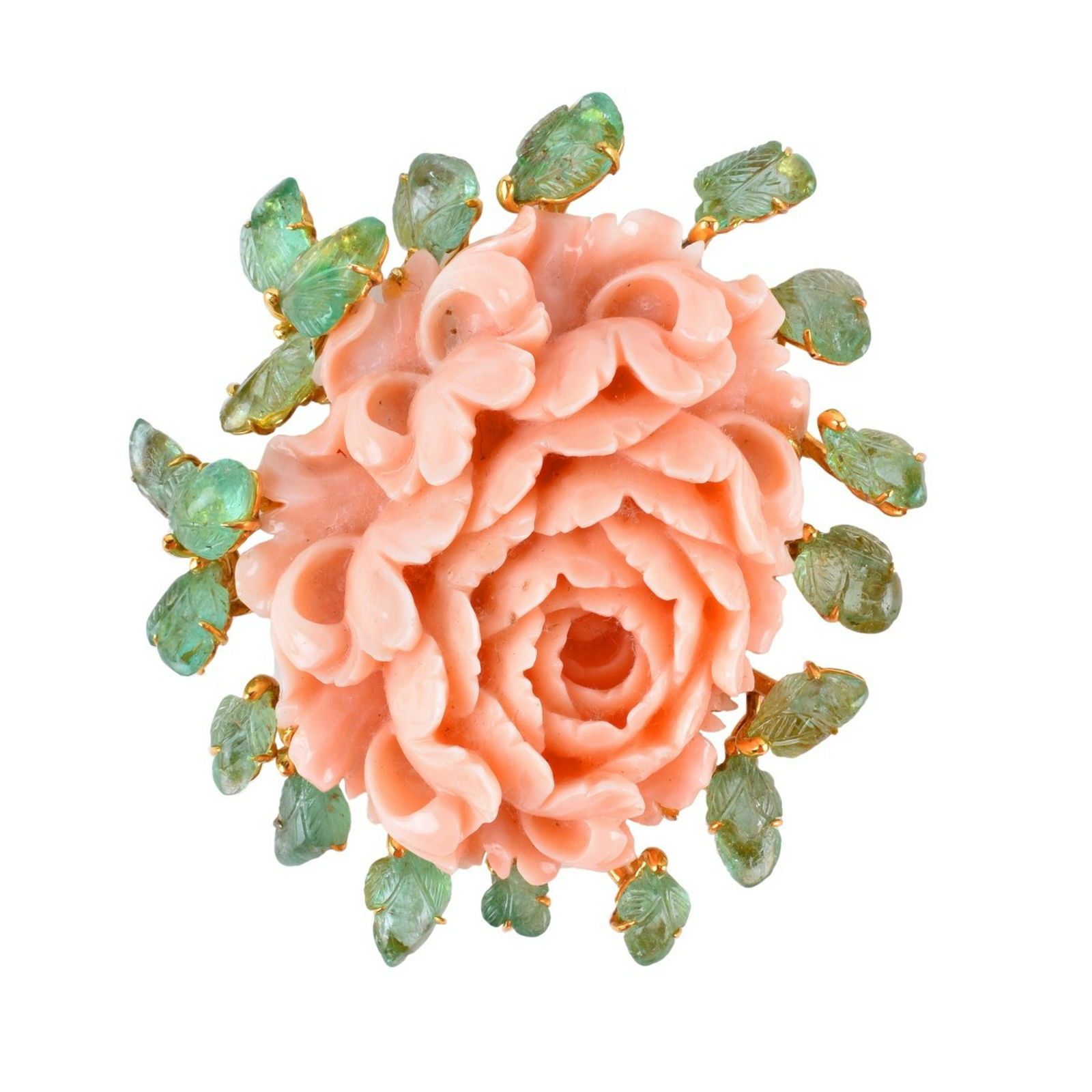 Large Coral, Emerald and 14K Brooch (1 of 4)