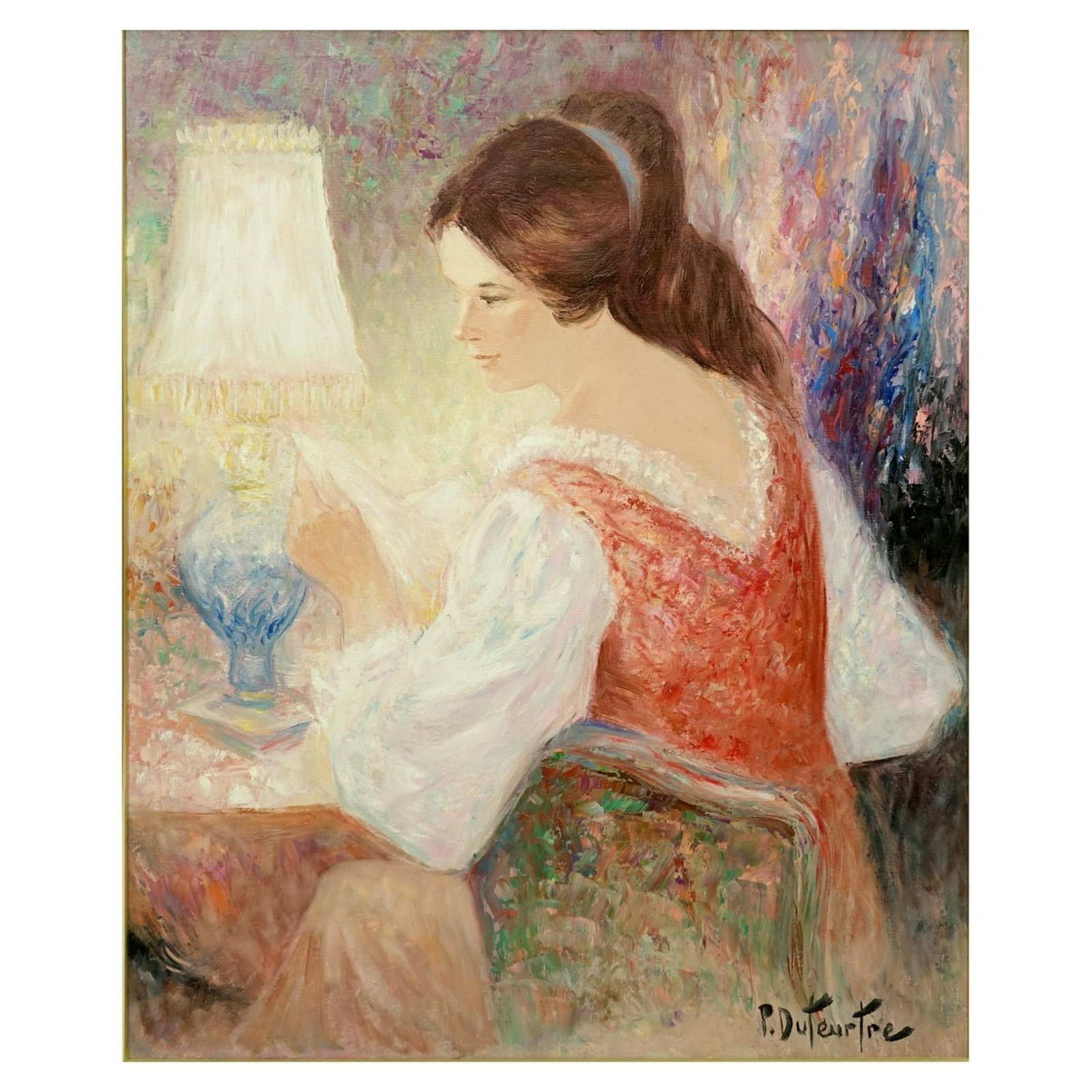 Pierre EugÃ¨ne Duteurtre Oil on Canvas: Pierre EugÃ¨ne Duteurtre, French (1911-1989) Oil on Canvas "Jeune Fille a la Lampe". Signed Lower Right. Signed and titled en verso. Measures 28" H x 23" W, frame measures 35-1/2" H x 30-1/2" W. Con