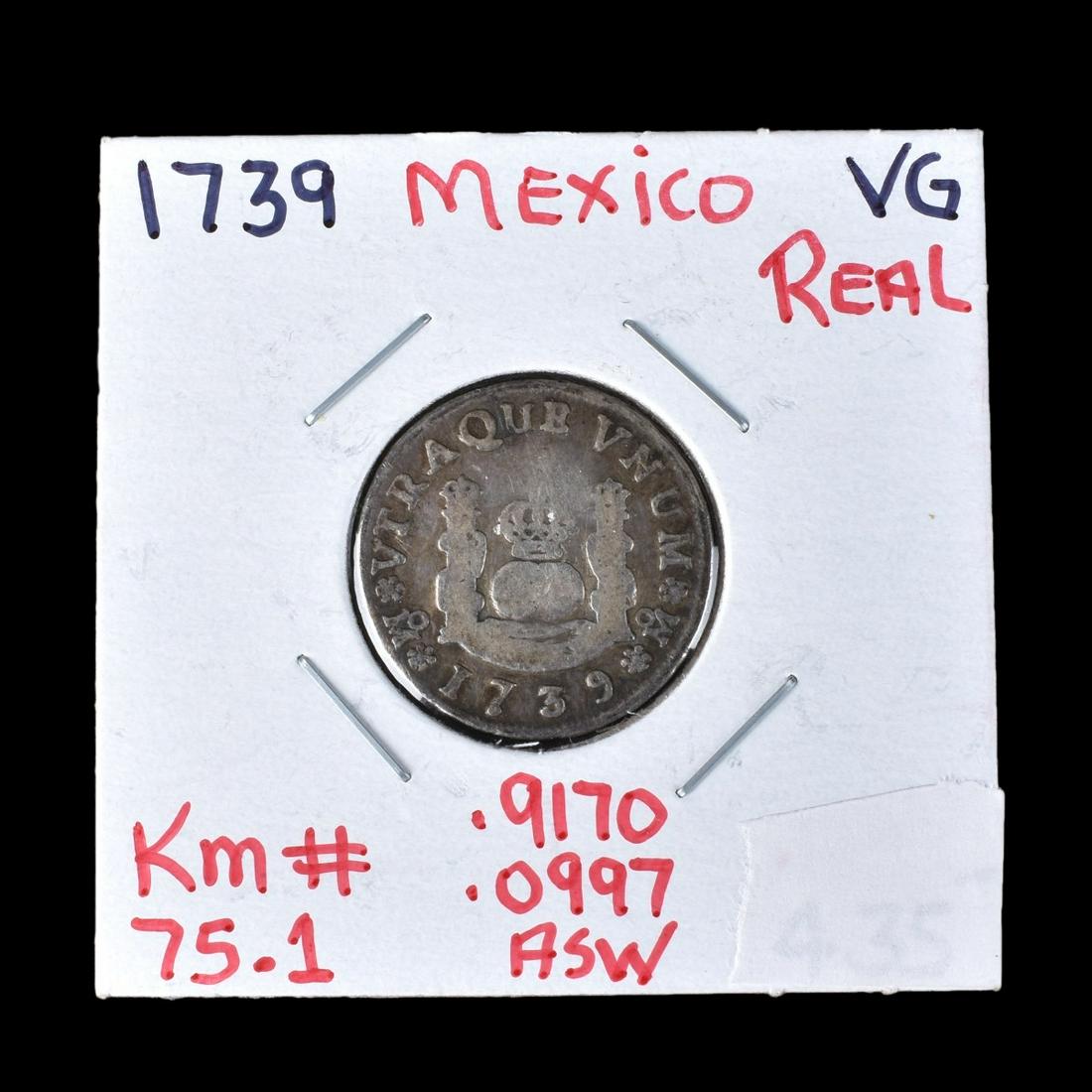 1739 Mexico Philip V Silver 8 Reales: 1739 Mexico Philip V Silver 8 Reales in Package. Obverse: crowned arms shield flanked by value and initials. Reverse: crowned hemispheres flanked by crowned pillars. Condition: Slightly used Estimate: