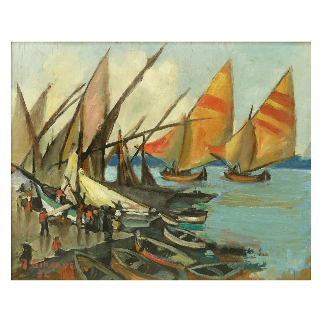 20th Century O/B Dock Scene Signed Girardet (1 of 6)