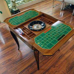 Italian Game Table: Vintage Italian Game Table with Faux Marquetry Inlaid Top Under Lacquer. Reversible table top with busy foliage decoration, backgammon and reversible surface (checkers/chess/felt), sliding Baccarat pa