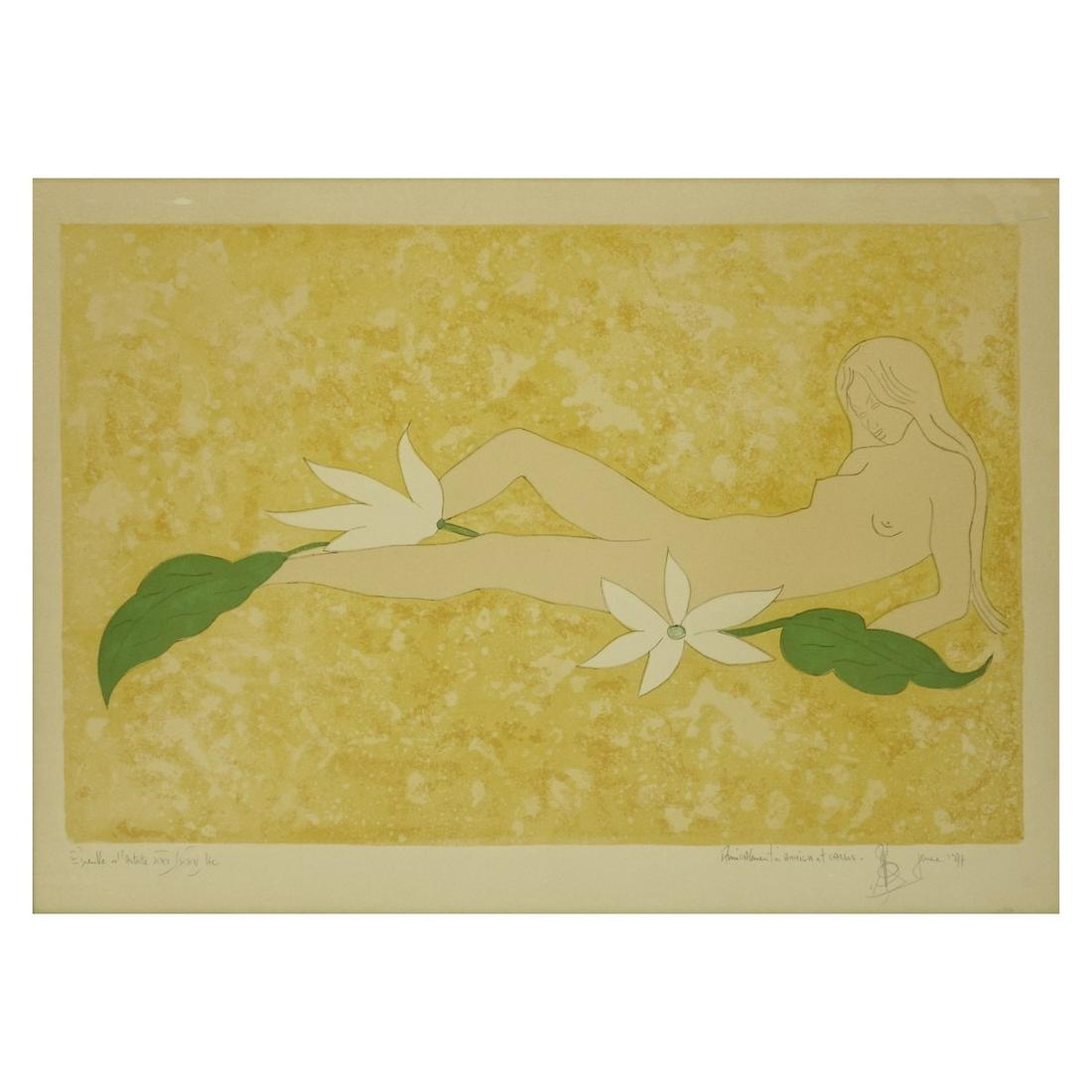 20th C. Color Lithograph: 20th Century Color Lithograph, Reclining Nude, Pencil Signed and Numbered (in French) Dated 1977 on Lower Margin. Inscribed (in French) lower right. Measures 21-1/2" H x 29" W, frame measures 23-1/2" 