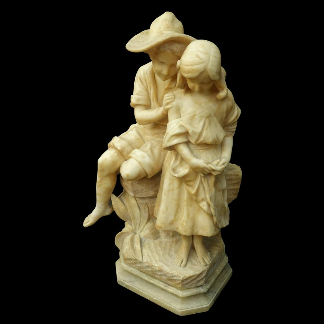 Italian Alabaster Sculpture: Antique Italian Carved Alabaster Sculpture Previously Mounted as Lamp. Signed and marked 'Made in Italy" lower. Measures 25" H x 14" W. Condition: Possible restorations otherwise good condition Estima