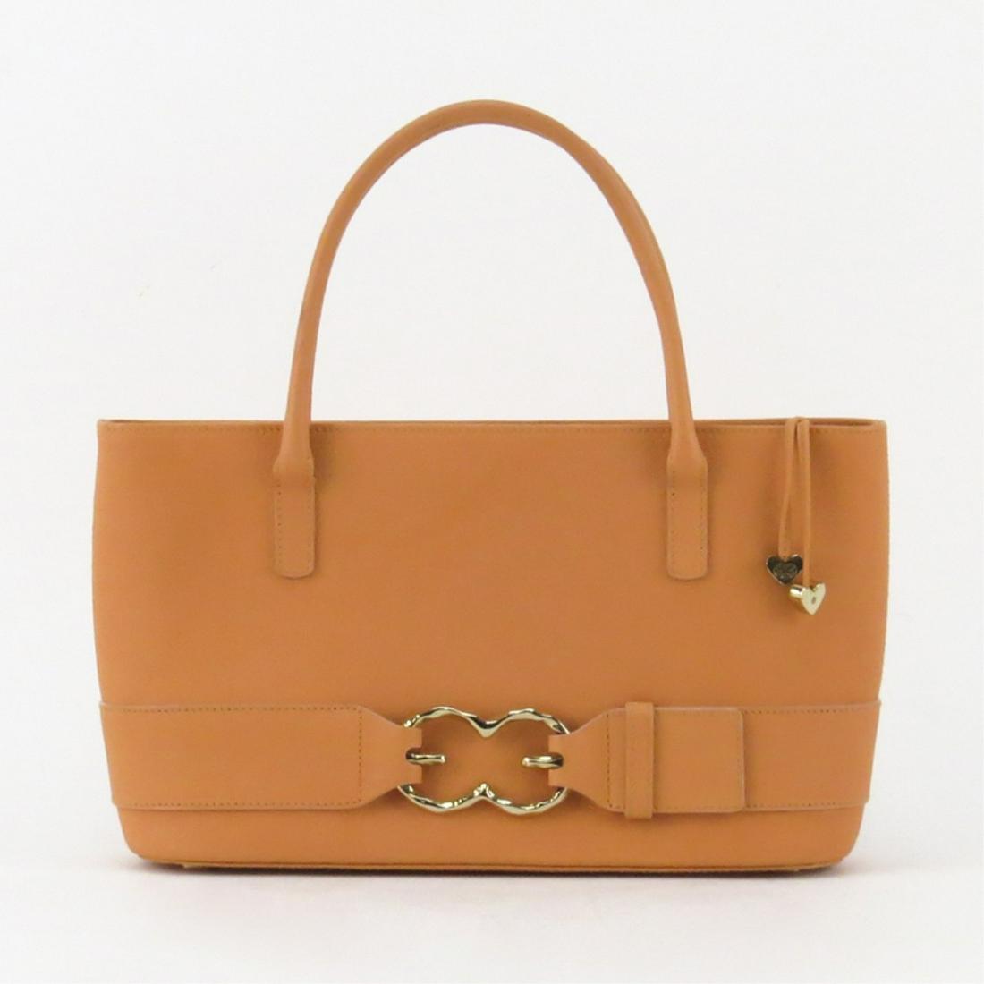 Escada Peach /Salmon Leather Handle Handbag: Escada Peach/Salmon Leather Top Handle Handbag. Features zipper closure, monogrammed fabric interior, gold-tone hardware. Marked appropriately. Measures 7" H x 12-1/4" W x 3-1/8" D. Dust bag included.