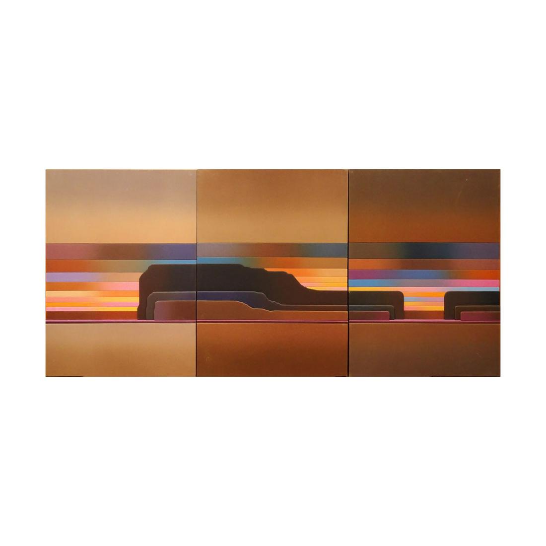Rib Bloomfield, British (20th C) Retro 1970's Oil on: Rib Bloomfield, British (20th C) Retro 1970's Oil on Canvas on wooden relief Tryptic Painting. Signed En Verso Rib Bloomfield. Good Condition. Each Panel Measures 48 Inches Tall by 41 Inches Wide. Tot
