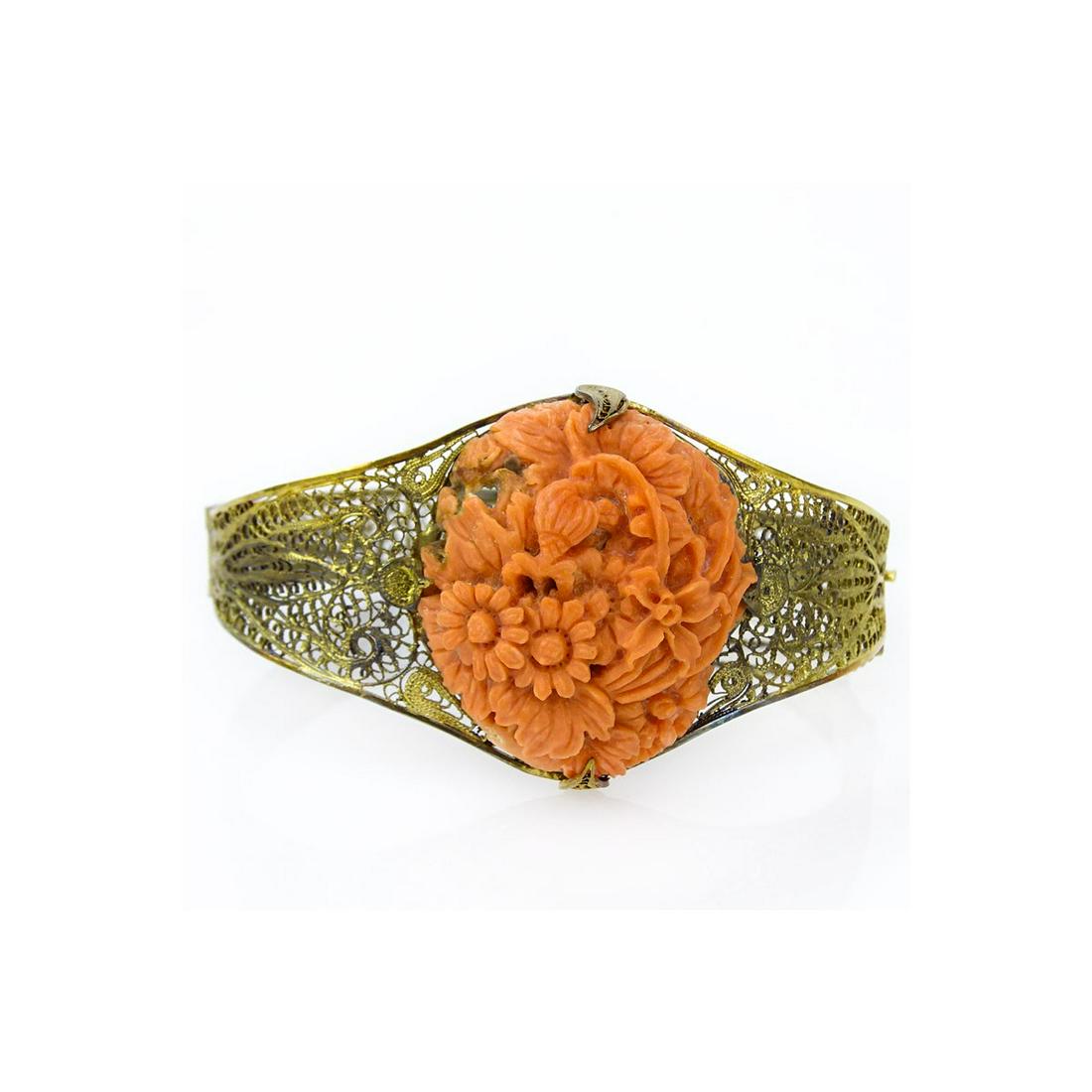 Antique Carved Red Coral and Silver Filigree Bangle (1 of 5)