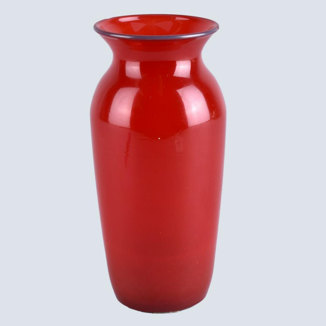 Tiffany Studios Red Glass Vase: Tiffany Studios, American, (es.1902 - 1938) Fine Samian Red Glass Cabinet Vase. Signed L.C.T and numbered M6431 on bottom side, felt fabric applied to base. Measures 6-1/2" H x 2-7/8" W. Condition: Ve