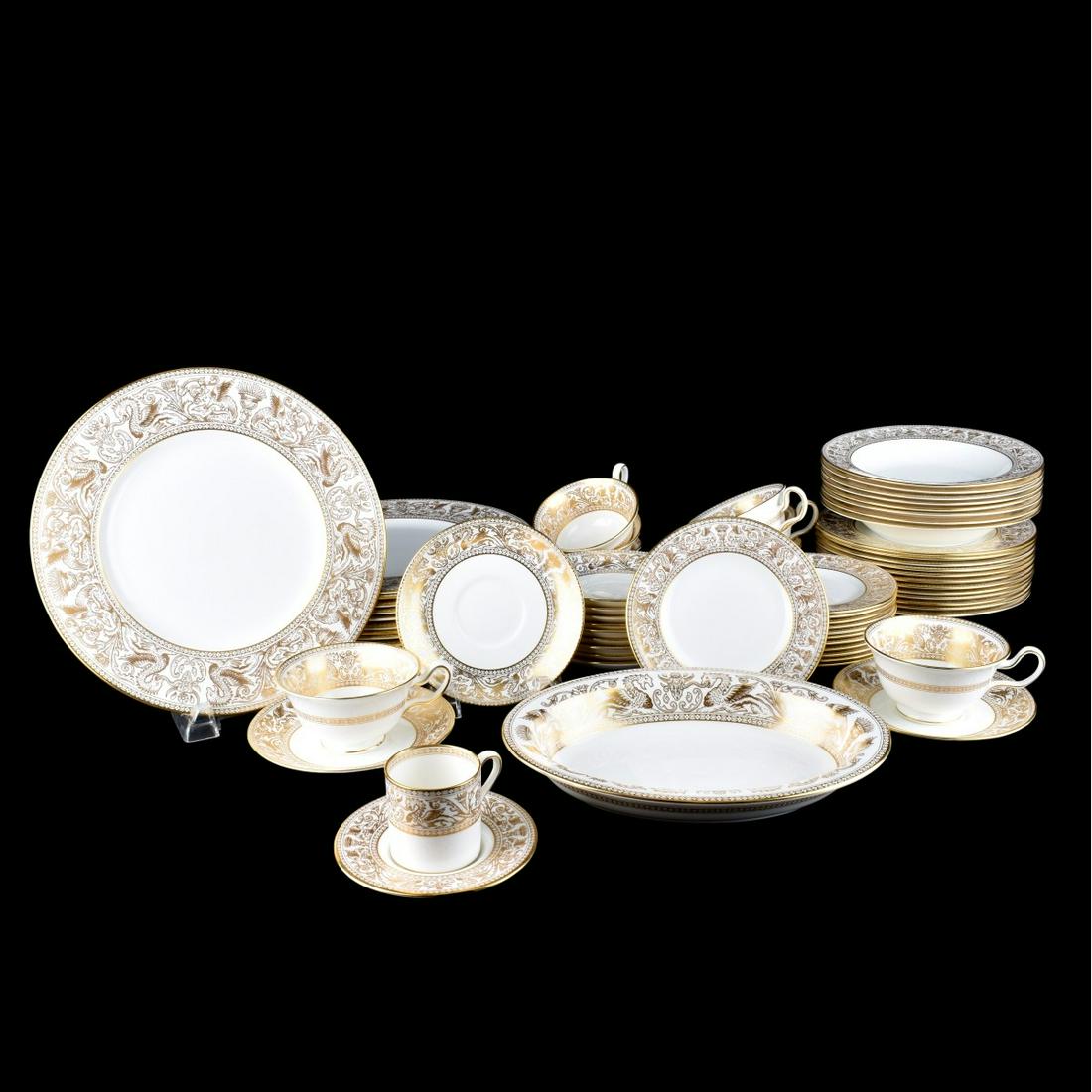 Wedgwood China 'Gold Florentine" 66pcs: Wedgwood China 'Gold Florentine" Sixty Six (66) partial dinner service. 12 Dinner Plates, 12 Salad Plates, 12 Bread and Butter, 8 Soup Bowls, 8 Coffee cups, 12 Saucers, 1 Demitasse, 1 Oval Vegetable. 