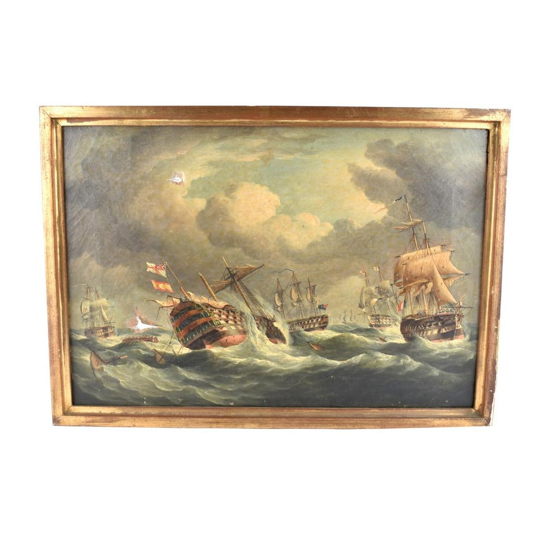 19th Century O/C: 19th Century British School Oil on Canvas "The Aftermath of Trafalgar: Spanish Flagships" Unsigned. Remnants of old labels attached en verso, inscribed en verso of frame. A large version of the identi