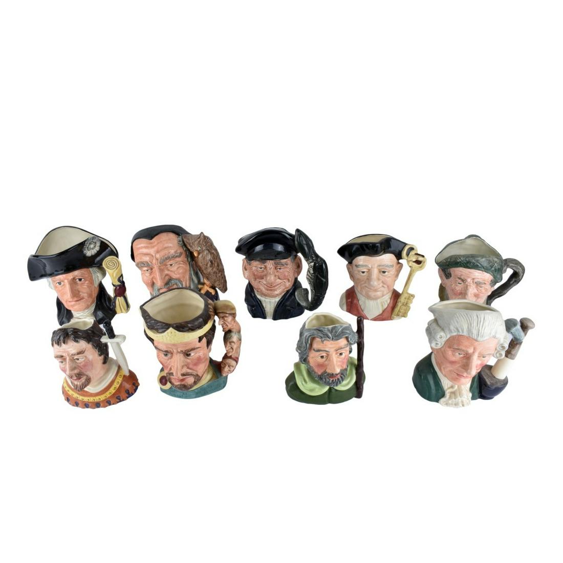 Nine Toby Jugs, Royal Doulton Two Staffordshire: Nine (9) Toby Jugs Seven (7) Royal Doulton Two (2) Staffordshire. All signed, named and numbered approperately. Largest measures 7" H x 8" W x 6" D Smallest 6-1/4" H Condition: Good condition. Estimat
