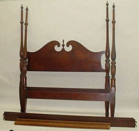 20C Drexel Heritage Four (4) Poster Bed w/ Headboa: Early 20th Century Drexel Heritage Four (4) Poster Bed with Headboard, Footboard and Two (2) Side Rails. Signed Travis Court Group by Drexel, #1351-1 and #554. Minor Wear or else Good to Very Good Con