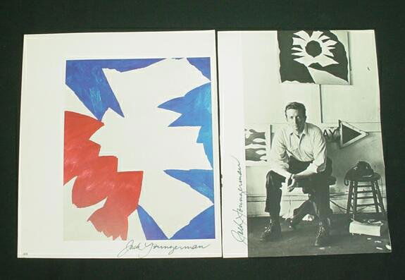 Jack Youngerman American (born1926- ) 2 Signatures: Jack Youngerman American (born1926- ) Two (2) Signatures One (1) on Photo of the Artist Torn from Book or Magazine Signed Lower Left. The Other on Tear Sheet from Exhibition Signed Lower Right. Very G