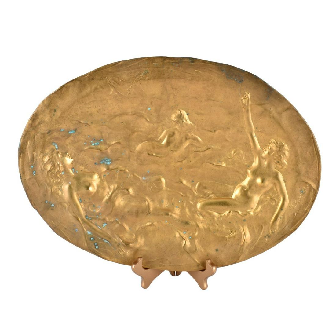 Jean Garnier, French (1853 - 1910): Jean Garnier, French (1853 - 1910) Art Nouveau Gilt Bronze Three Graces Relief Tray. Signed "J. Garnier" Lower Right. Measures 12-1/4" H x 17-1/4" W. Condition: Some green oxidation otherwise good con