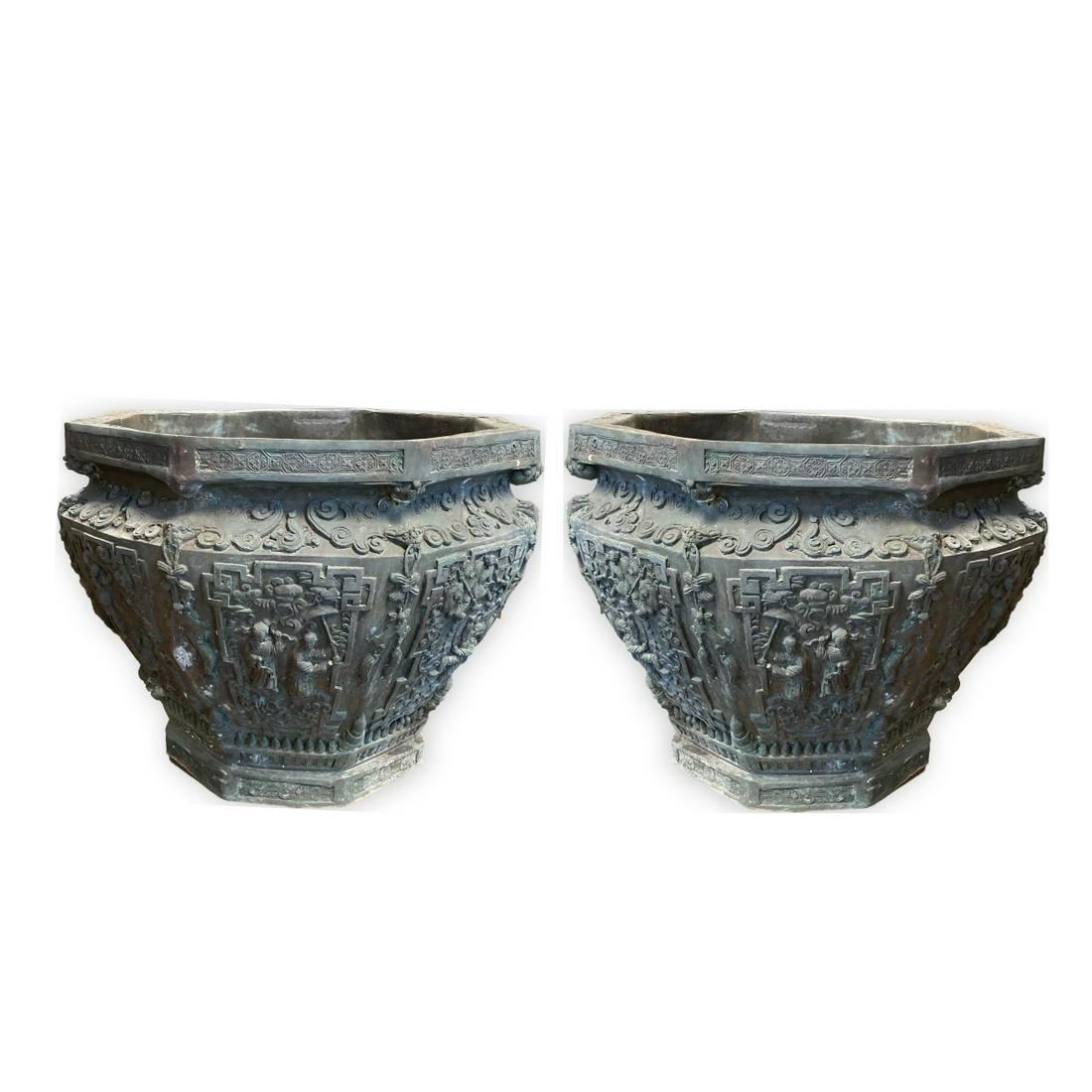 Pr Lg 20C Chinoiserie Bronze Garden Urn Planters (1 of 5)