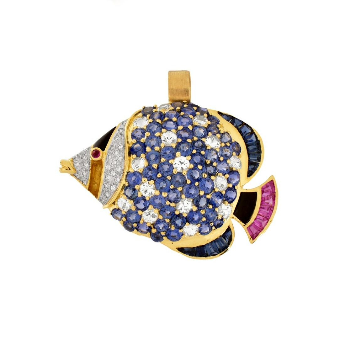 Gemstone and 18K Fish Brooch/Pendant (1 of 5)