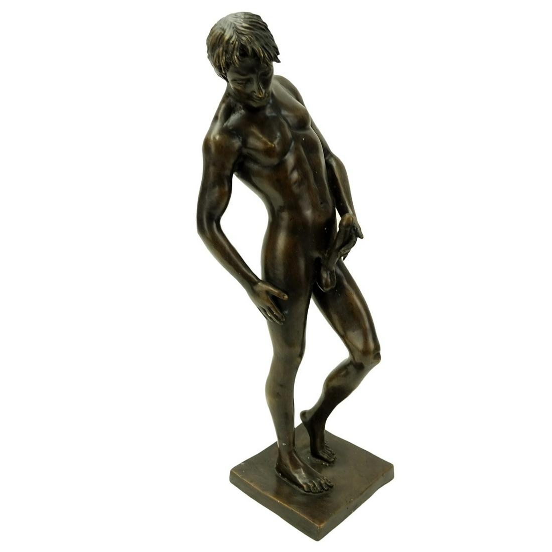 German School Bronze Sculpture: Large German School Bronze Male Nude Sculpture. Unsigned. Measures 17-3/4" H. Condition: Good condition Estimate: $200.00 - $400.00 Domestic Shipping: $88.00