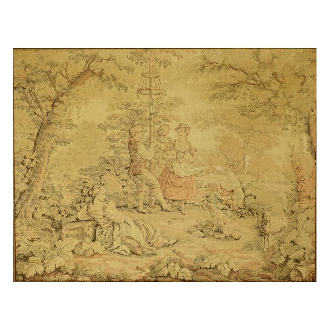 20th C Tapestry Pastoral Maypole: 20th Century Tapestry Pastoral Maypole. After the Pastorals Series C. 1780, of the Aubusson Royal Manufactory. Unsigned. 26-1/2" H x 10-1/2" W. Condition: Good condition, faded Estimate: $50.00 - $150