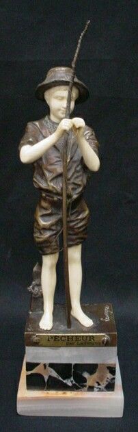 Adolphe-Jean Lavergne French (19/20 Century) Bron: Adolphe-Jean Lavergne French (19/20 Century) Bronze and Ivory Sculpture on Marble and Onyx Base "Pecheur" Signed Lavergne Top Right Side of Base. Brass Name Tag and Title Front of Base. Some Minor Rub