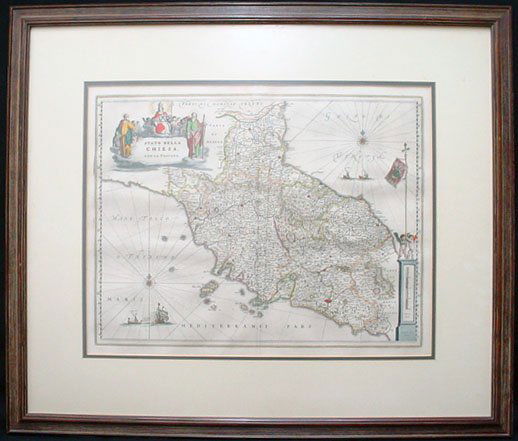 1635 Guillaume Blaeu Map Central Italy Amsterdam: Guillaume Blaeu Central Italy Amsterdam Hand Colored Map Circa 1635. Information Tag en Verso. Very Good Condition. Frame Measures 26-1/4 Inches by 30-3/4 Inches. Shipping $75.00 (estimate $400-$500)